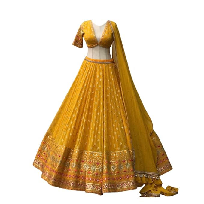 Embroidered Mustard Georgette Lehenga Choli